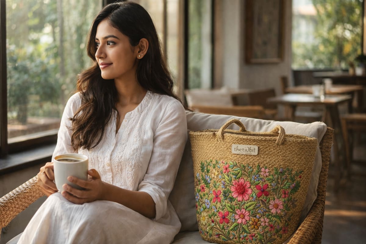 Indian woman carrying a handmade jute crossbody bag outdoors in soft natural light — eco-friendly everyday fashion