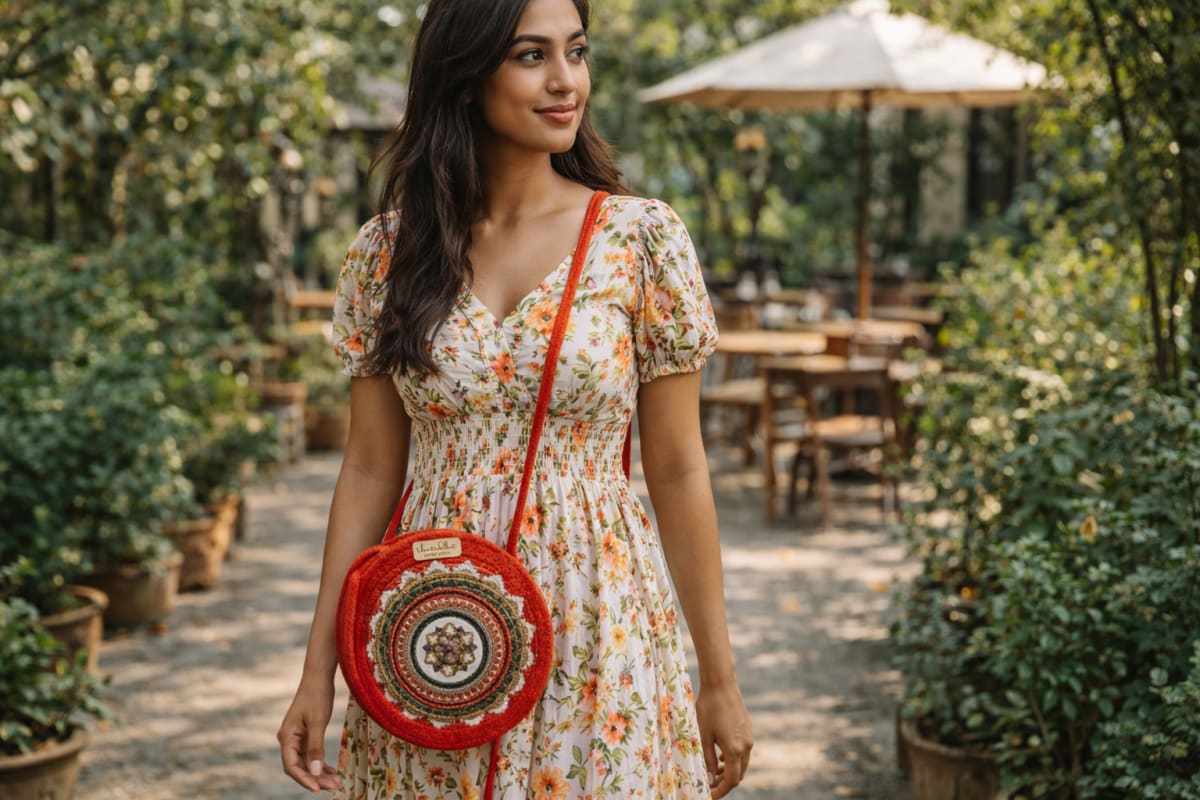 Handwoven evil eye jute sling bag — handmade crossbody for travel and daily wear