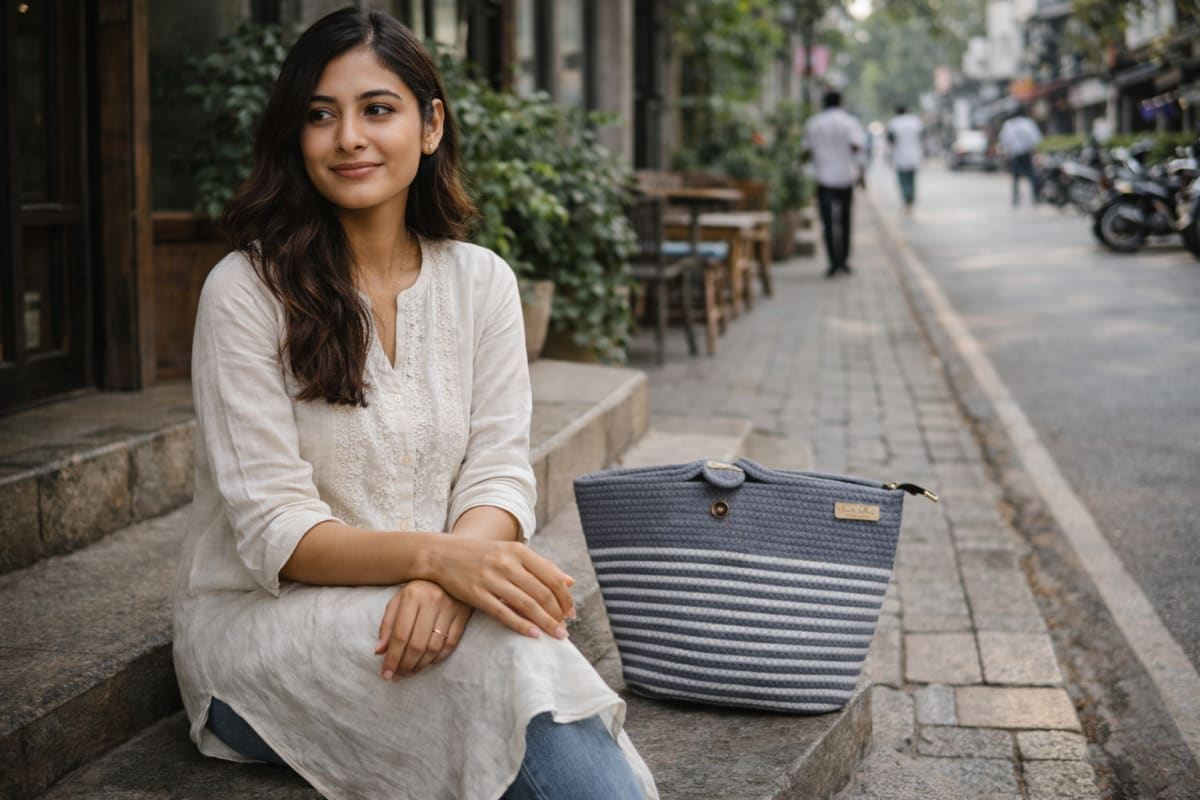 Eco-friendly jute bag styled for office and campus life in India