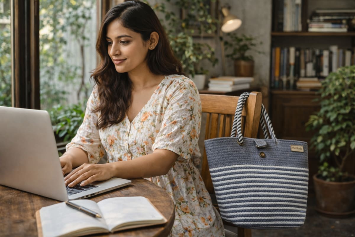 Indian woman with handmade bag in contemporary setting, natural fabrics