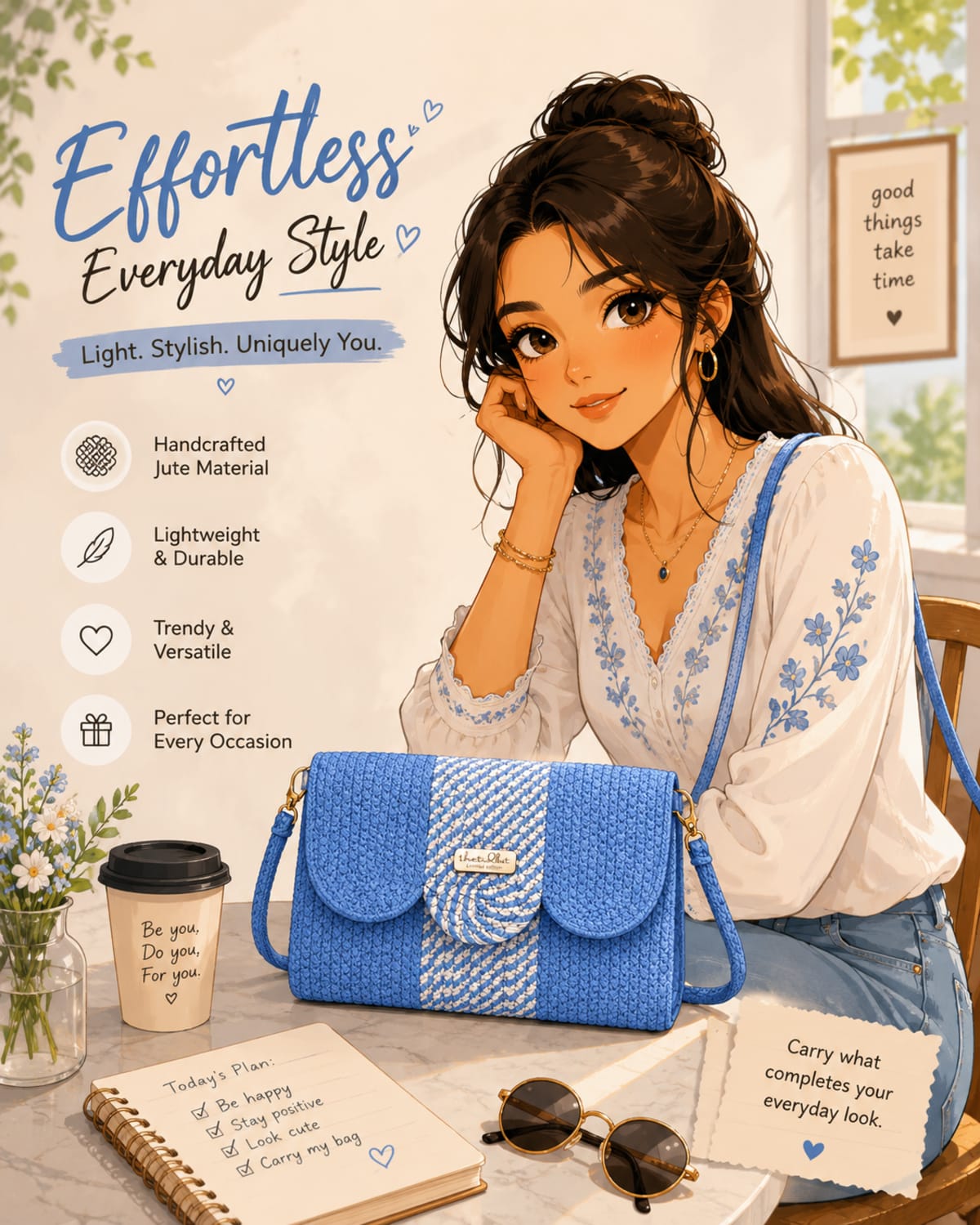 Blue classic handmade sling bag — effortless everyday style TheTidbit illustration