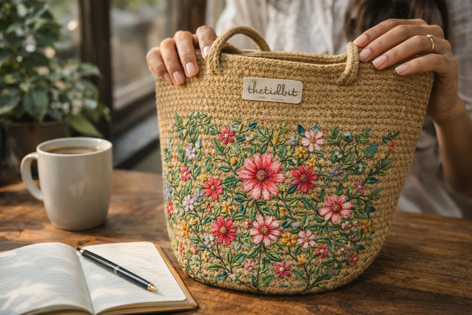 Indian woman with handmade jute bag in a cozy lifestyle setting, warm natural lighting
