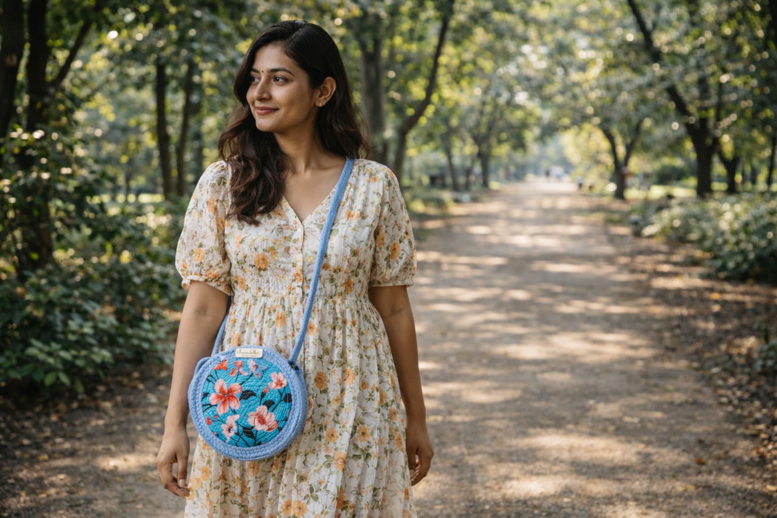 Indian woman with natural fabric accessories in soft daylight, sustainable fashion