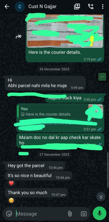 WhatsApp review — customer says the bag is so nice and beautiful after delivery