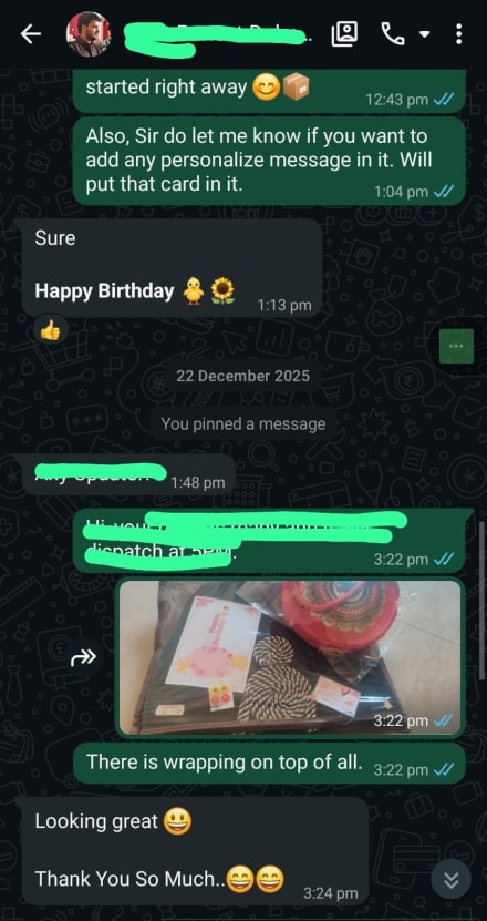 WhatsApp review — customer says personalised order packing looks great