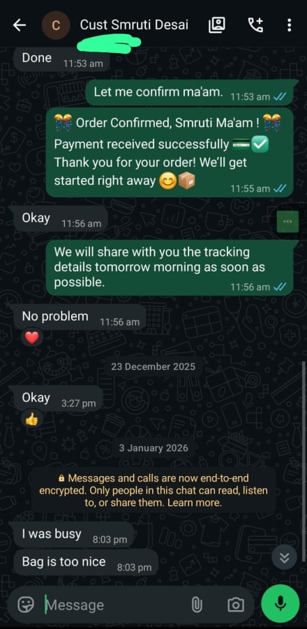 WhatsApp review — customer says bag is too nice after order confirmation