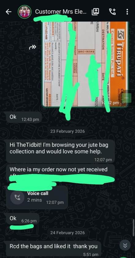 WhatsApp review — customer received jute bags and liked them