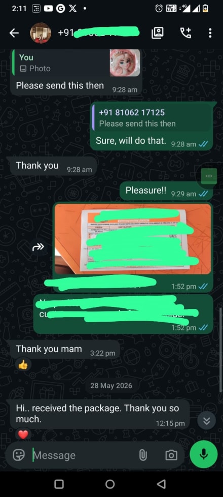 WhatsApp review — customer confirms package received with thanks