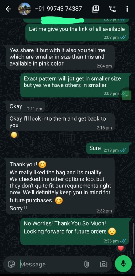 WhatsApp review — customer liked the bag and its quality