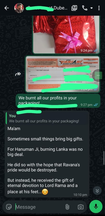 WhatsApp review — customer appreciates TheTidbit packaging and care