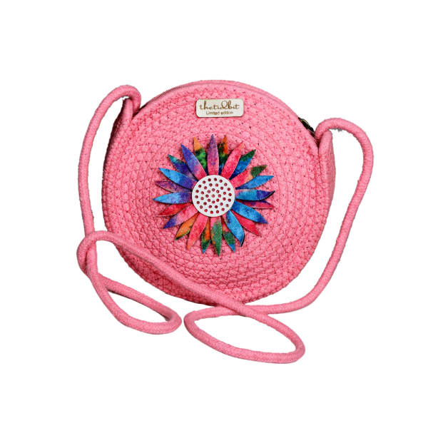 Handmade Jute Embroidered Round Sling — Floral Pink