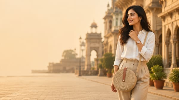 College-chic round jute sling bag styled in Delhi-NCR / Lucknow heritage setting — trendy campus fashion under ₹500