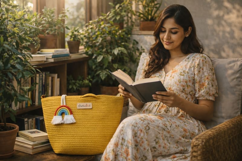 Indian woman in modern home setting with sustainable fashion choices, natural light