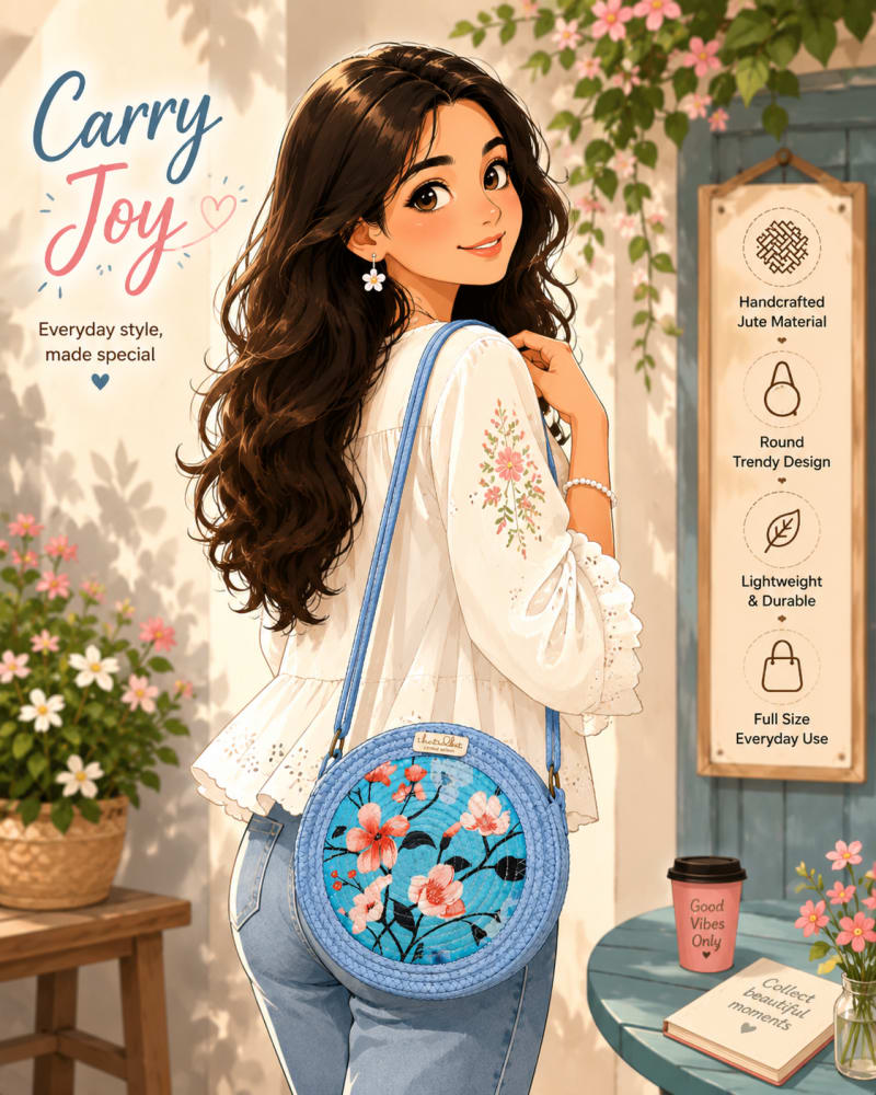 TheTidbit floral round jute sling bag illustrated lifestyle — carry joy, everyday style made special