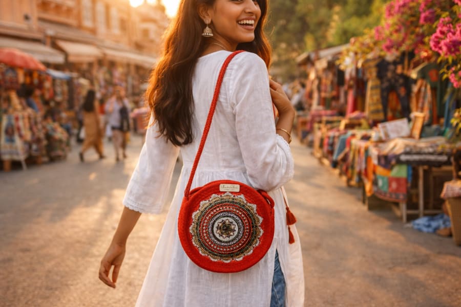 Handmade Jute Embroidered Round Sling Bag - Ruby Red
