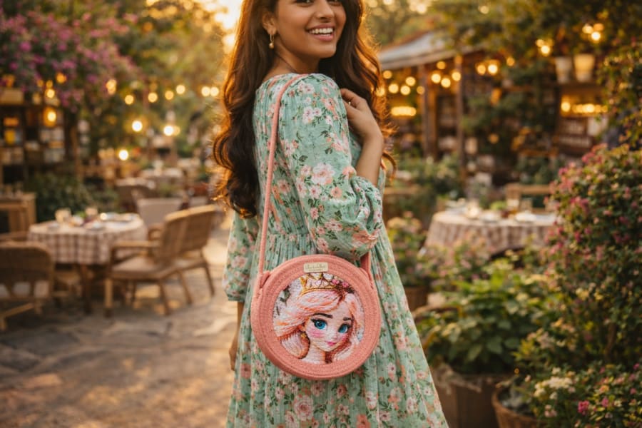 Handmade Jute Embroidered Round Sling Bag in Skin Orange