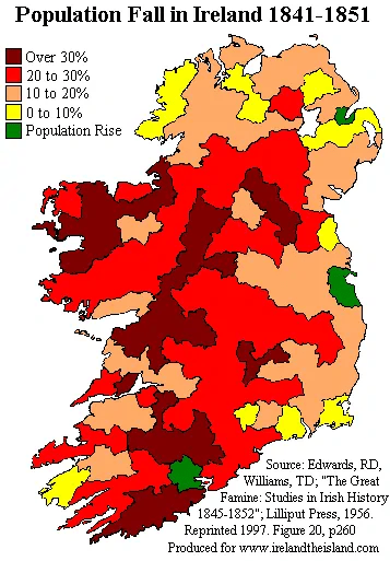 Fall in Ireland's population, 1841-1851. Photo Patrick Abbot and Wesley Johnston, Public domain. Fall in Ireland's population, 1841-1851. Photo Patrick Abbot and Wesley Johnston, Public domain.