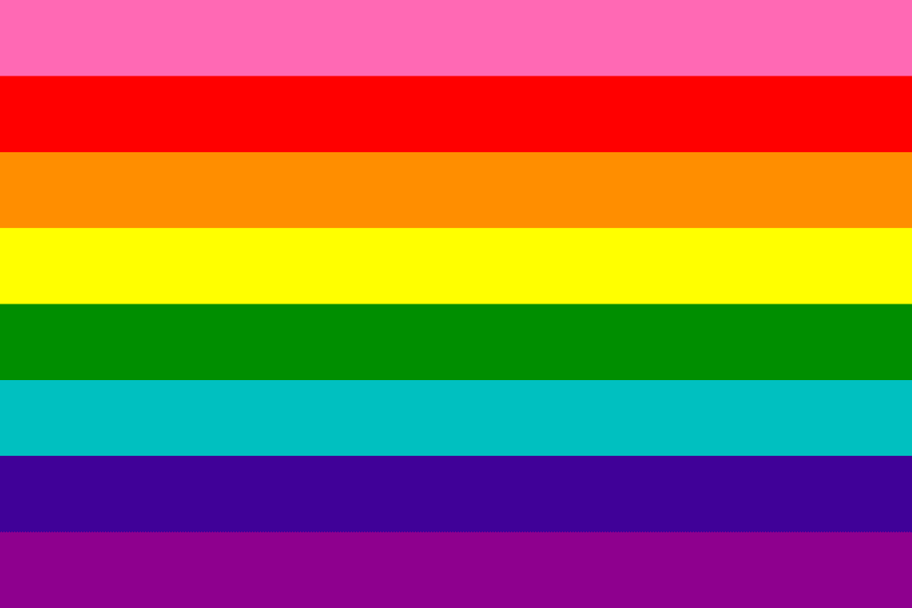 The original eight-stripe Gilbert Baker Rainbow Pride Flag, designed in 1978. The original eight-stripe Gilbert Baker Rainbow Pride Flag, designed in 1978.