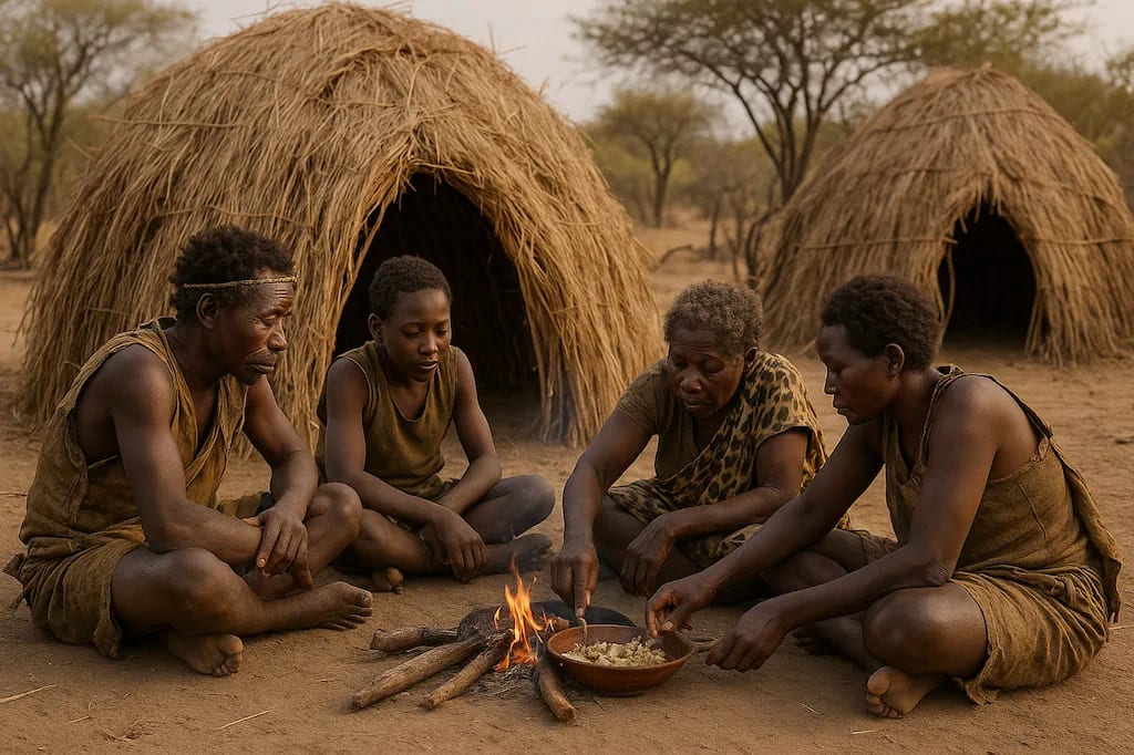 Traditional Hadza camp life showing their egalitarian social structure. Traditional Hadza camp life showing their egalitarian social structure.