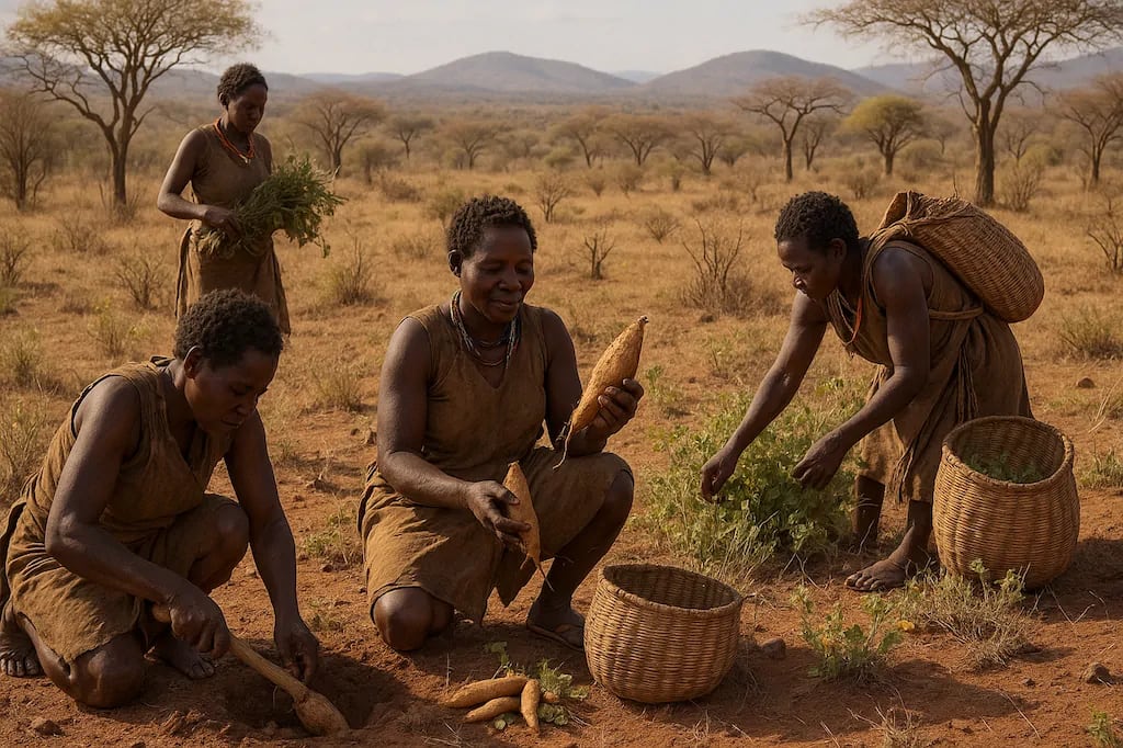 Hadza women practicing traditional gathering techniques for tubers and plants. Hadza women practicing traditional gathering techniques for tubers and plants.