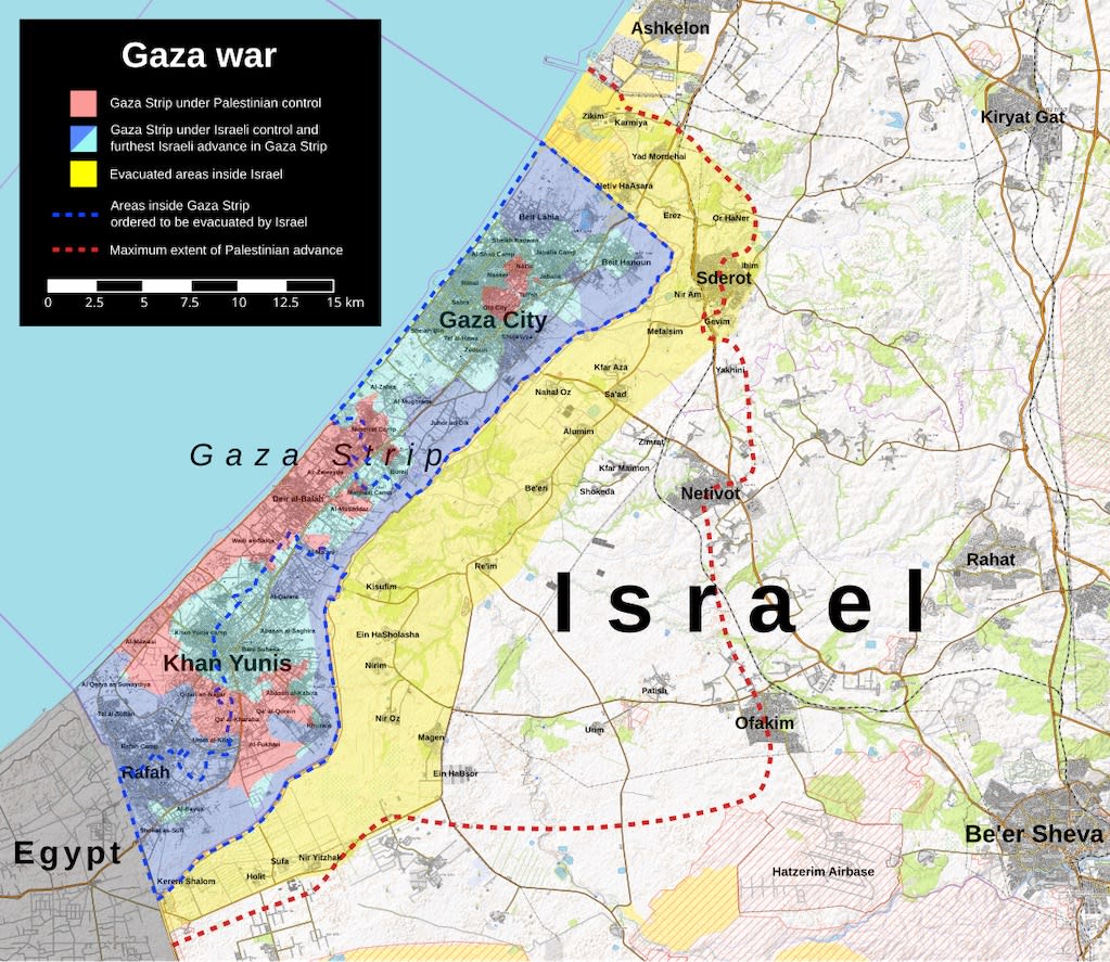 Map of the Gaza war in Gaza and southern Israel. Photo by Ecrusized. Map of the Gaza war in Gaza and southern Israel. Photo by Ecrusized.