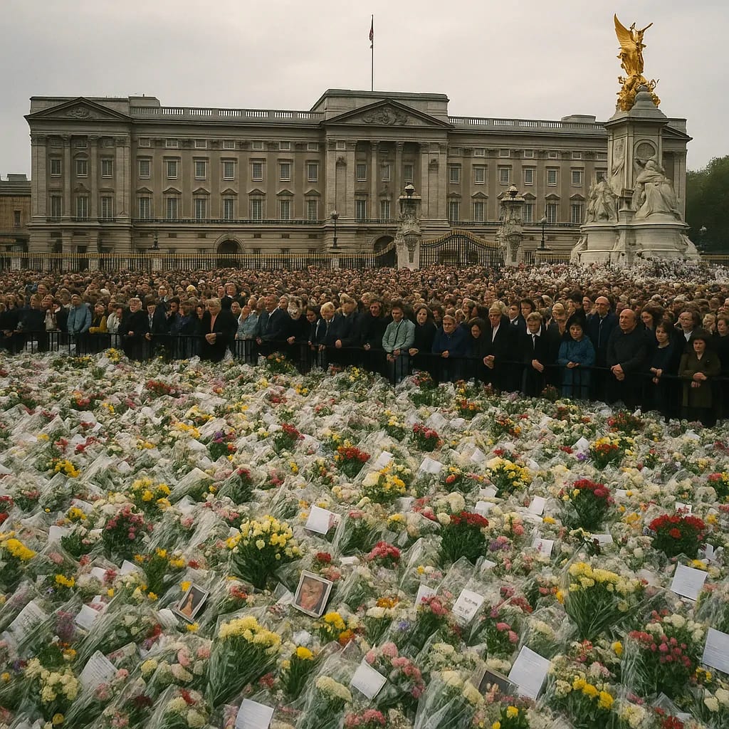 The unprecedented global mourning following Diana's death in 1997. The unprecedented global mourning following Diana's death in 1997.