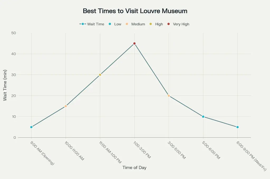 Optimal visiting times for the Louvre Museum showing crowd levels and wait times throughout the day. Optimal visiting times for the Louvre Museum showing crowd levels and wait times throughout the day.