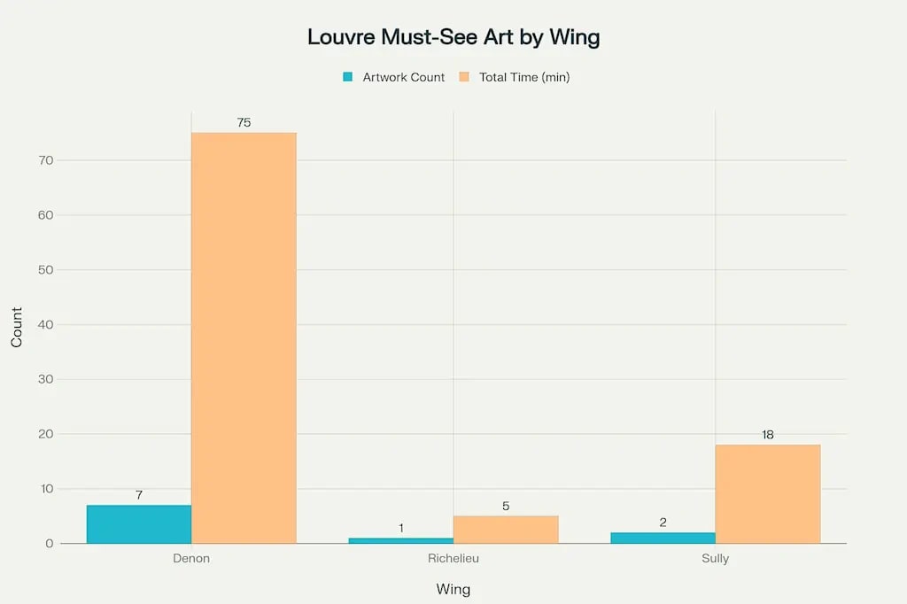 Distribution of must-see artworks and viewing time across the Louvre's three main wings. Distribution of must-see artworks and viewing time across the Louvre's three main wings.