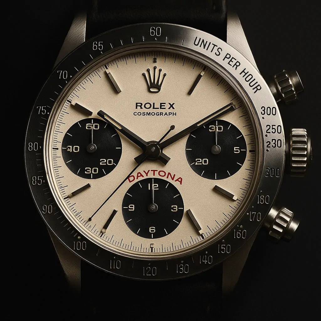 Close-up of a vintage Rolex Daytona highlighting collectible watches. Close-up of a vintage Rolex Daytona highlighting collectible watches.