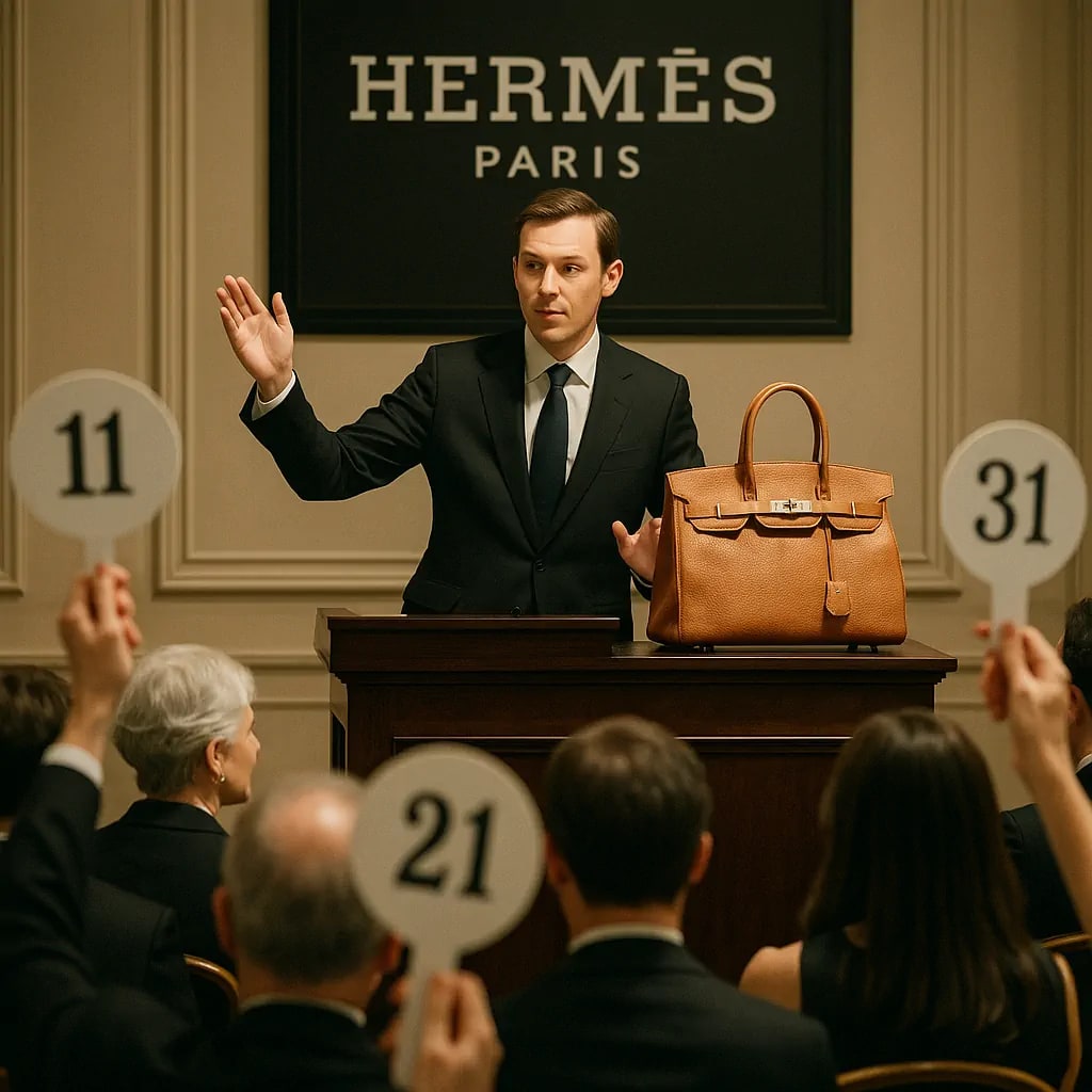 Hermès Birkin bag at a luxury auction house illustrating record-breaking sales. Hermès Birkin bag at a luxury auction house illustrating record-breaking sales.