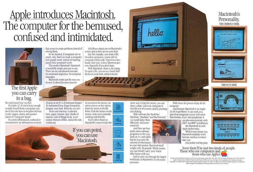 Vintage Apple Macintosh advertisement highlighting its user-friendly graphical interface, a key precursor to Windows GUI innovation. Photo by Apple. Vintage Apple Macintosh advertisement highlighting its user-friendly graphical interface, a key precursor to Windows GUI innovation. Photo by Apple.