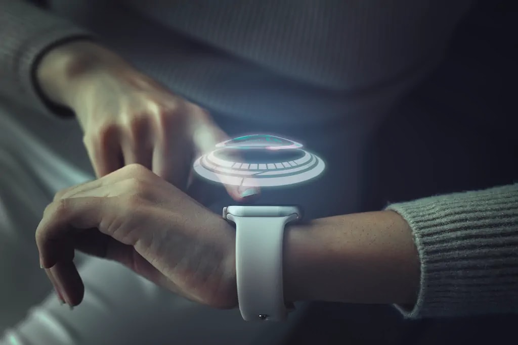 An Apple Watch with a digital AI interface overlay symbolizing advanced health data processing and wearable technology innovation. An Apple Watch with a digital AI interface overlay symbolizing advanced health data processing and wearable technology innovation.