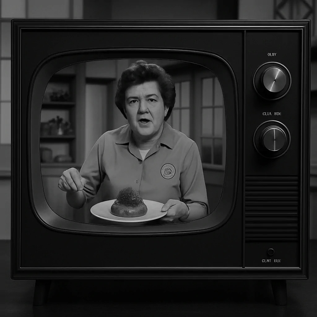 Julia Child pioneering television cooking in 1960s studio setting. Julia Child pioneering television cooking in 1960s studio setting.