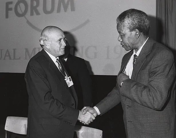 De Klerk and Mandela at the World Economic Forum, 1992. Photo by World Economic Forum. De Klerk and Mandela at the World Economic Forum, 1992. Photo by World Economic Forum.