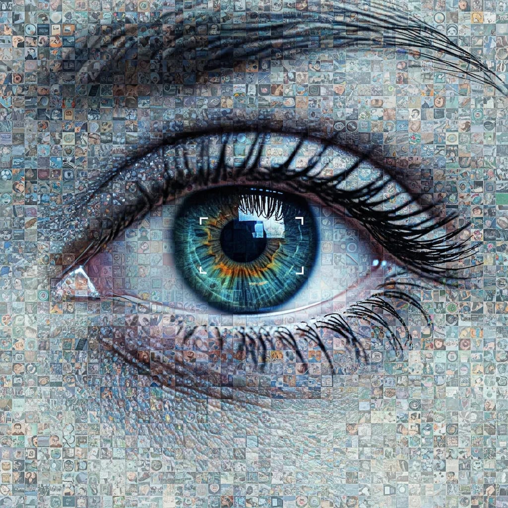 Digital mosaic of an eye symbolizing surveillance and facial recognition technology. Digital mosaic of an eye symbolizing surveillance and facial recognition technology.