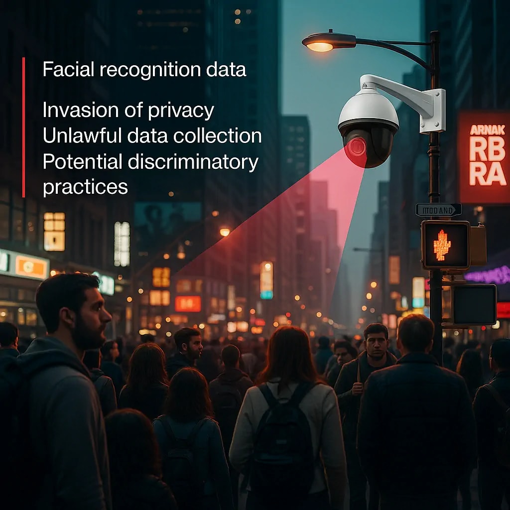 Facial recognition camera scanning a crowded city street, illustrating surveillance and privacy concerns. Facial recognition camera scanning a crowded city street, illustrating surveillance and privacy concerns.
