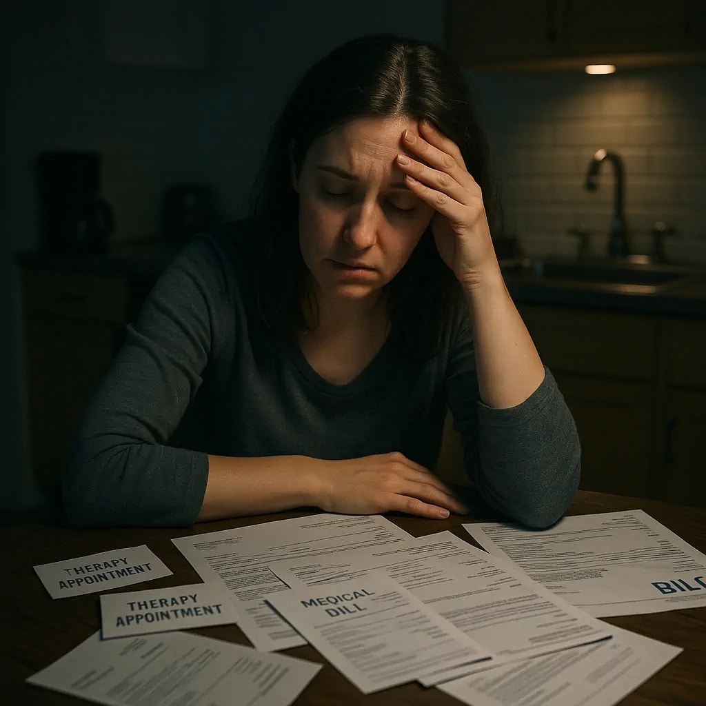 Mother overwhelmed by autism-related paperwork and appointments. Mother overwhelmed by autism-related paperwork and appointments.