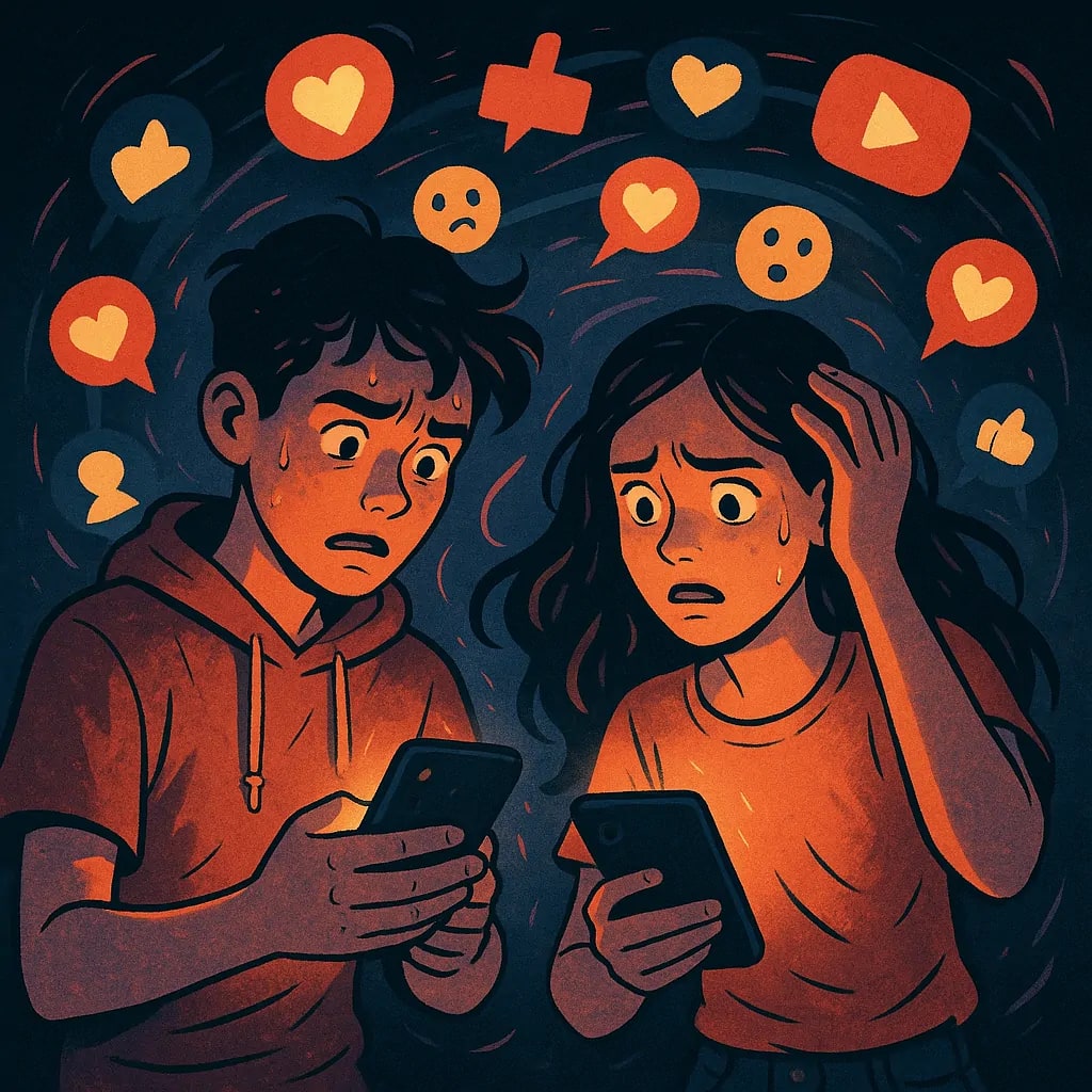 Illustration: Teens navigating the pressures of social media. Illustration: Teens navigating the pressures of social media.