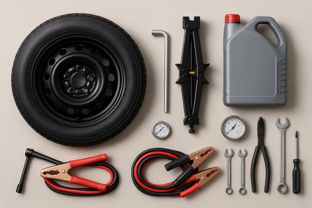 Essential vehicle maintenance tools and equipment for road trips. Essential vehicle maintenance tools and equipment for road trips.