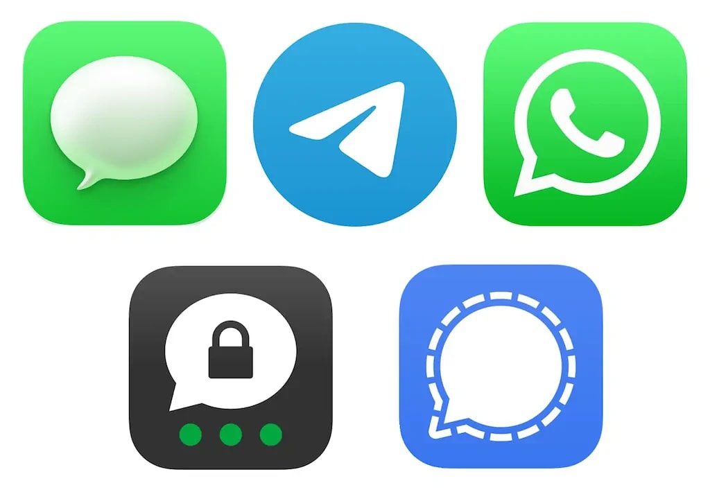 Logos of prominent messaging applications including Apple Messages, Telegram, WhatsApp, Threema, and Signal. Logos of prominent messaging applications including Apple Messages, Telegram, WhatsApp, Threema, and Signal.