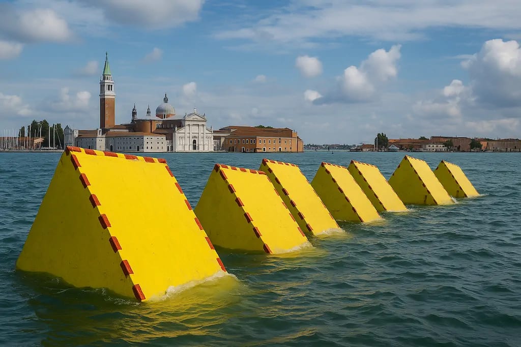 AI representation of the MOSE flood barrier system with its yellow mobile gates partially raised in the Venetian Lagoon. AI representation of the MOSE flood barrier system with its yellow mobile gates partially raised in the Venetian Lagoon.