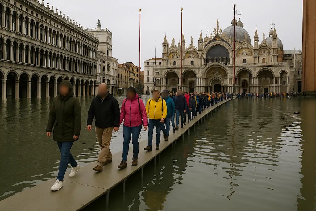 Tourists and locals navigate St. Mark's Square during an acqua alta event in Venice. Tourists and locals navigate St. Mark's Square during an acqua alta event in Venice.