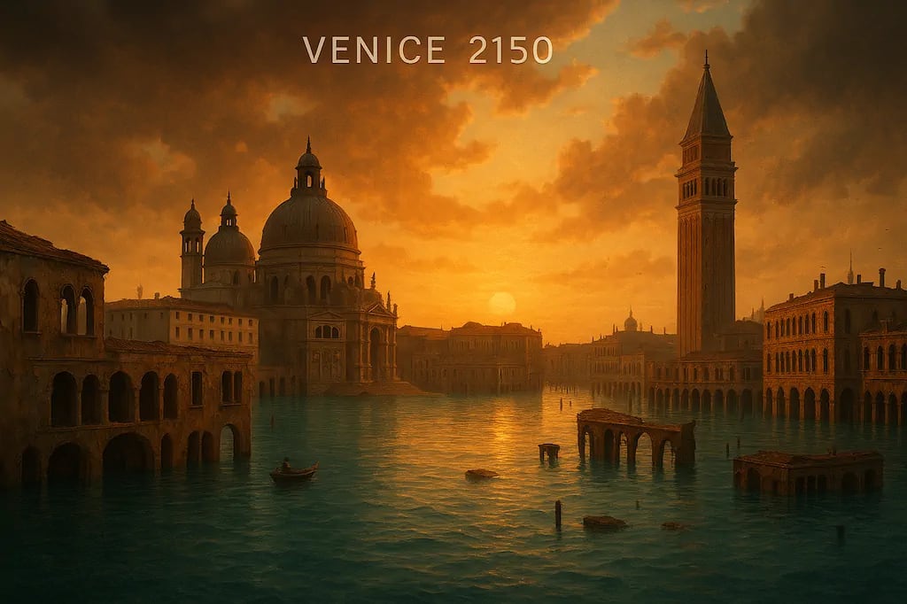 AI future projection of Venice with rising sea levels by 2150. AI future projection of Venice with rising sea levels by 2150.