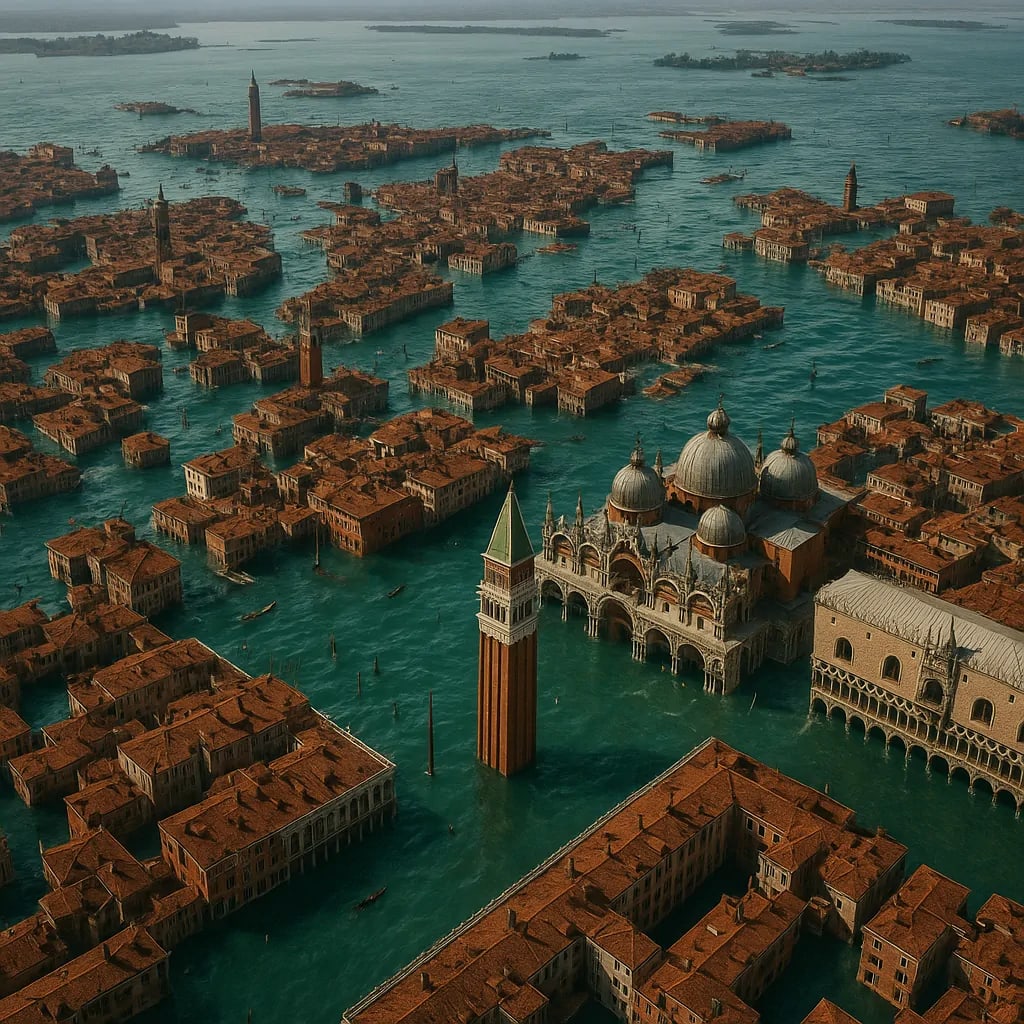 AI aerial projection of Venice showing the impact of rising sea levels and climate change. AI aerial projection of Venice showing the impact of rising sea levels and climate change.