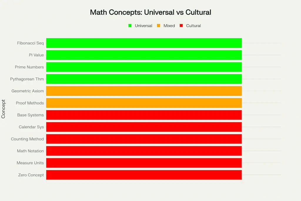 Analysis of mathematical concepts showing which appear universal across cultures versus those that vary culturally. Analysis of mathematical concepts showing which appear universal across cultures versus those that vary culturally.