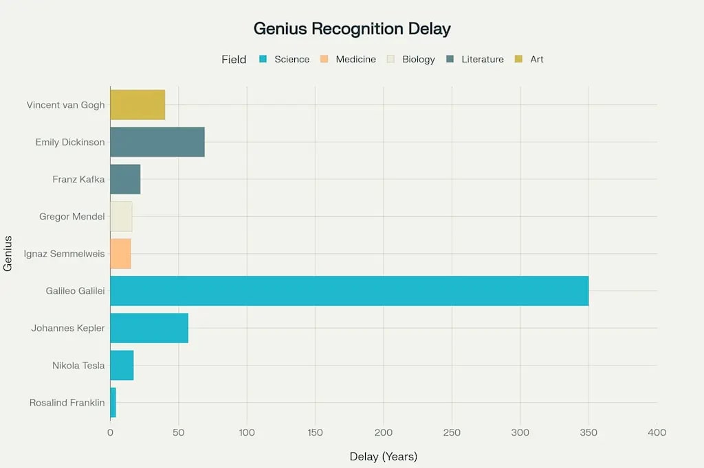 Recognition delay periods for history's most celebrated geniuses, showing how long society took to fully appreciate their contributions. Recognition delay periods for history's most celebrated geniuses, showing how long society took to fully appreciate their contributions.
