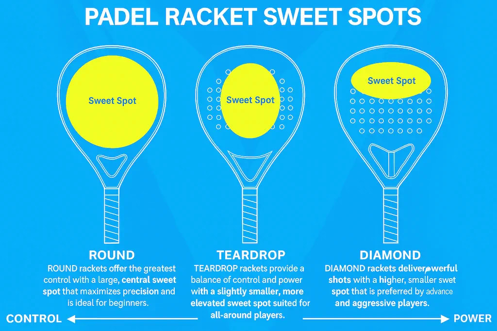 An infographic illustrating different padel racket shapes and their sweet spots, from control-oriented round to power-focused diamond. An infographic illustrating different padel racket shapes and their sweet spots, from control-oriented round to power-focused diamond.