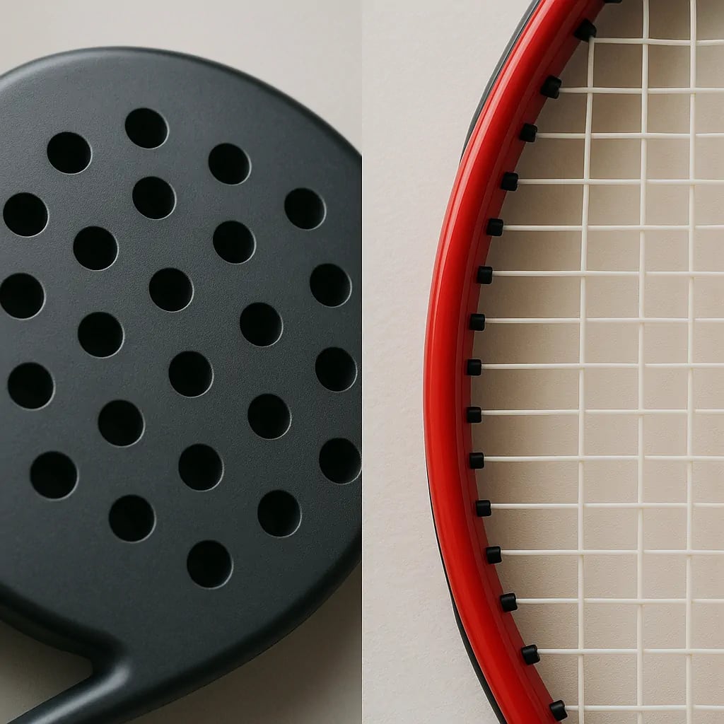 Comparison of padel racket with perforated holes and traditional tennis racket. Comparison of padel racket with perforated holes and traditional tennis racket.