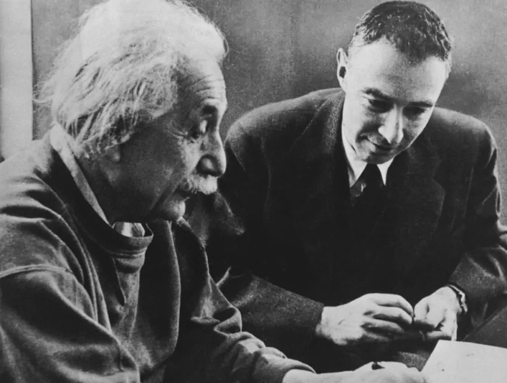 Albert Einstein and Robert Oppenheimer. Institute for Advanced Study, 1950s. Oppenheimer and Albert Einstein had been colleagues and shared a cordial relationship with each other. Public domain. Albert Einstein and Robert Oppenheimer. Institute for Advanced Study, 1950s. Oppenheimer and Albert Einstein had been colleagues and shared a cordial relationship with each other. Public domain.