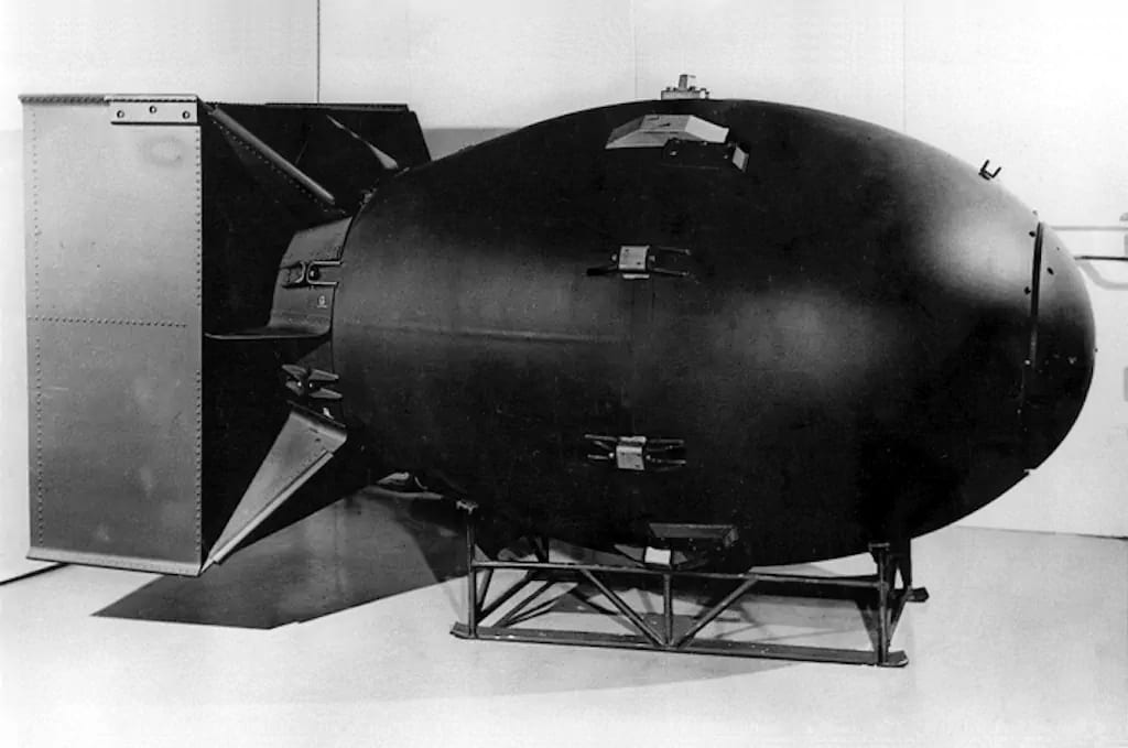 A mockup of the Fat Man nuclear device. Public domain. A mockup of the Fat Man nuclear device. Public domain.
